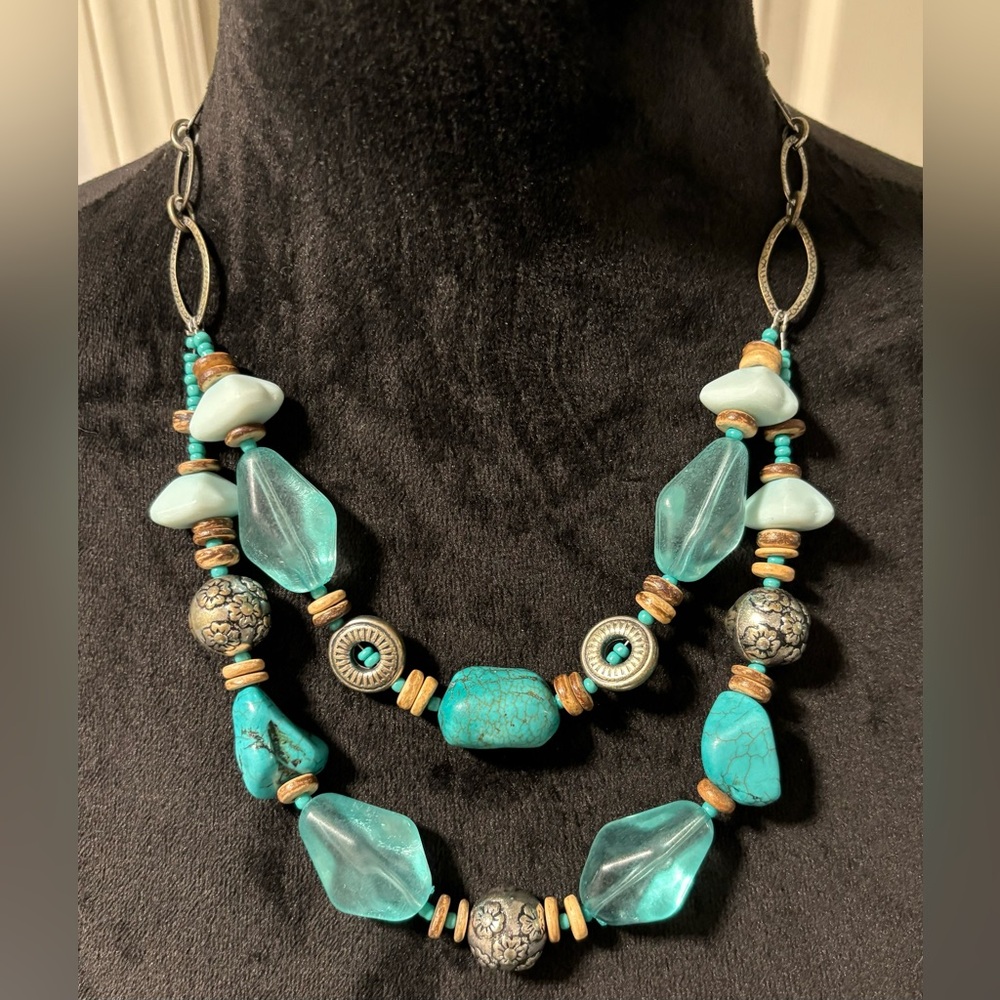Two Tiered Silvertone Acrylic Beaded Necklace